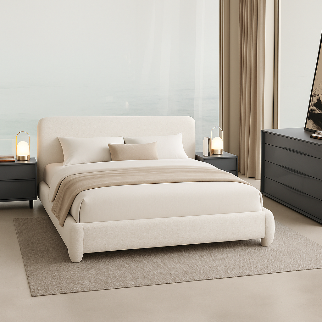 LunaCloud Bed – Plush Upholstered Headboard & Sculpted Soft-Rounded Corners