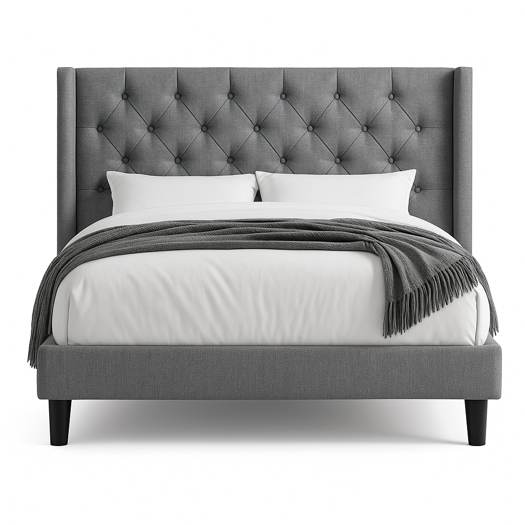 Solenne Bed - Linen Tufted Wingback Frame with Elevated 8" Underbed Space