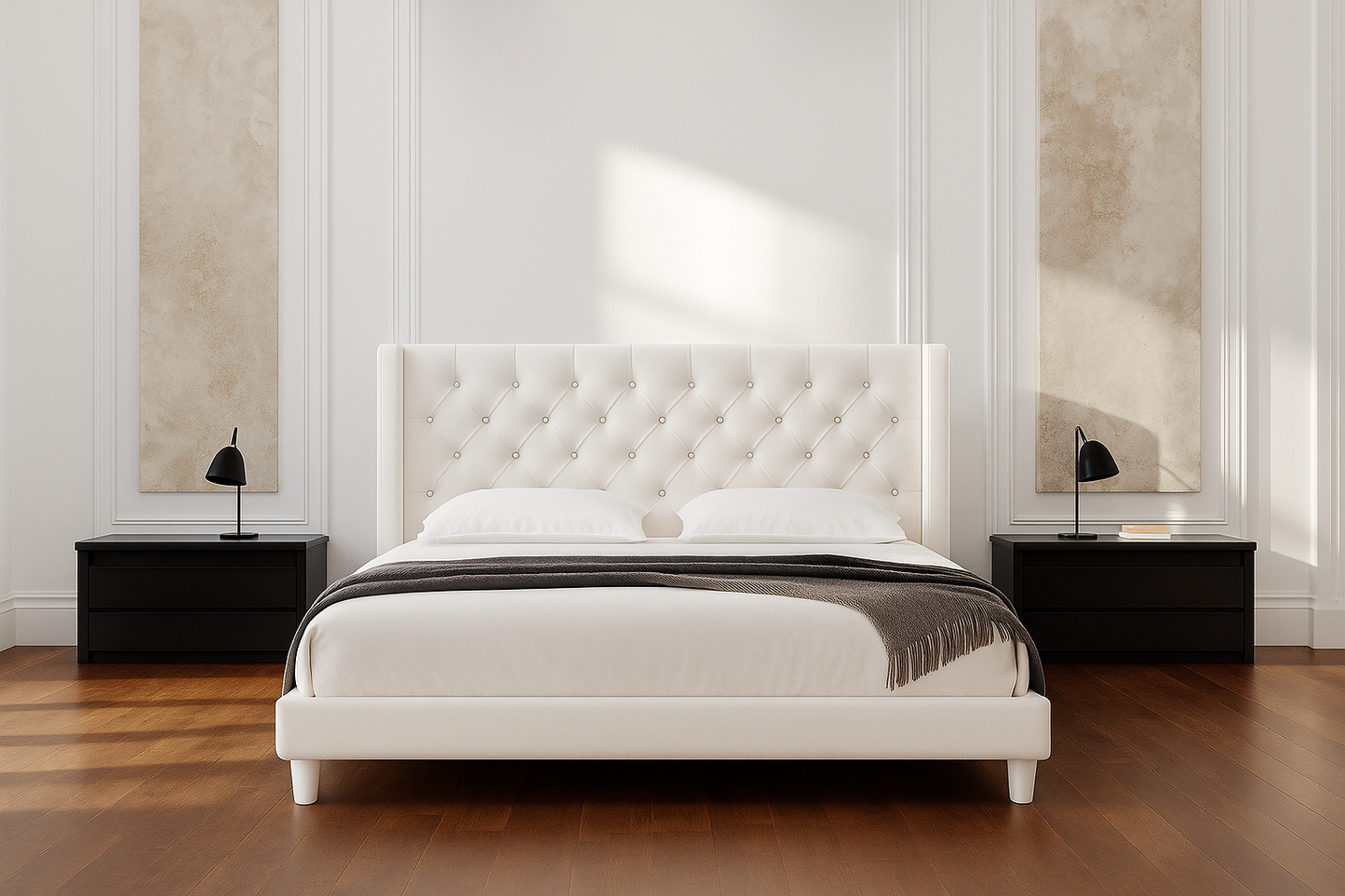 Solenne Bed - Linen Tufted Wingback Frame with Elevated 8" Underbed Space