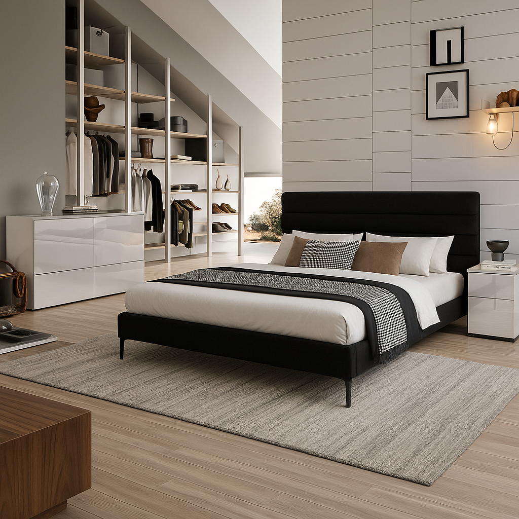 Elowen Bed – Tailored Velvet Platform with Adjustable Headboard & Architectural Frame