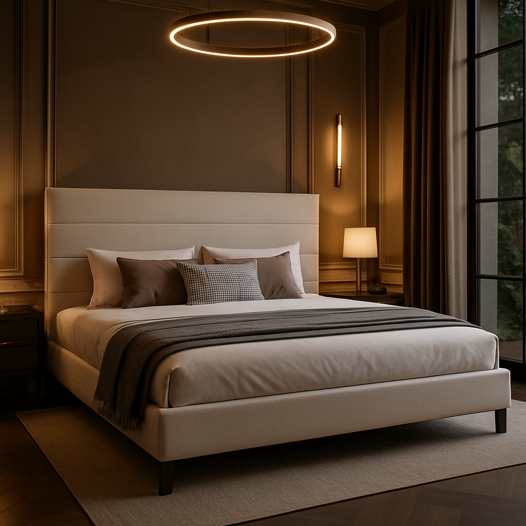 Elowen Bed – Tailored Velvet Platform with Adjustable Headboard & Architectural Frame