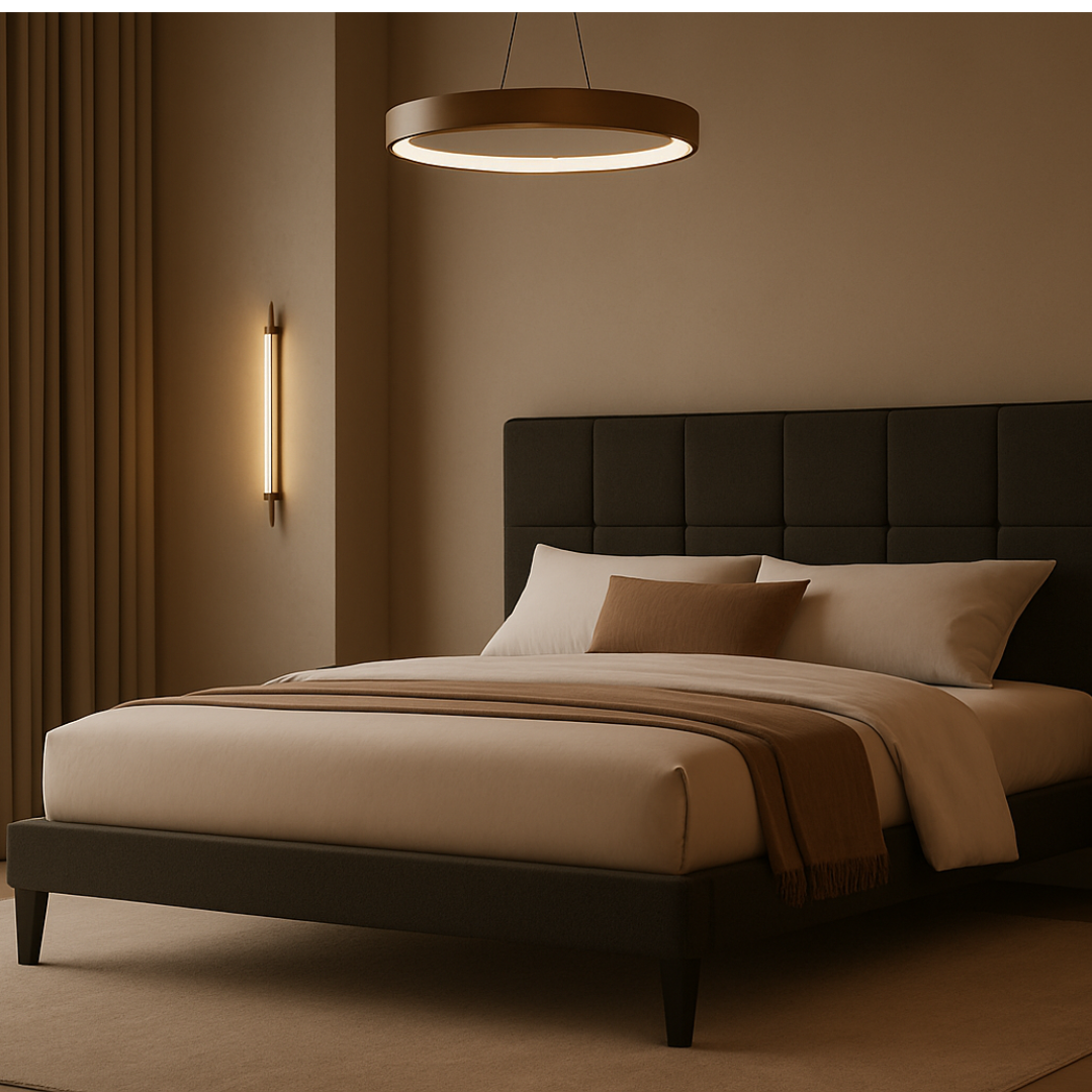 Solis Bed – Contemporary Charcoal Upholstered Bed & Black Oak-Inspired Frame