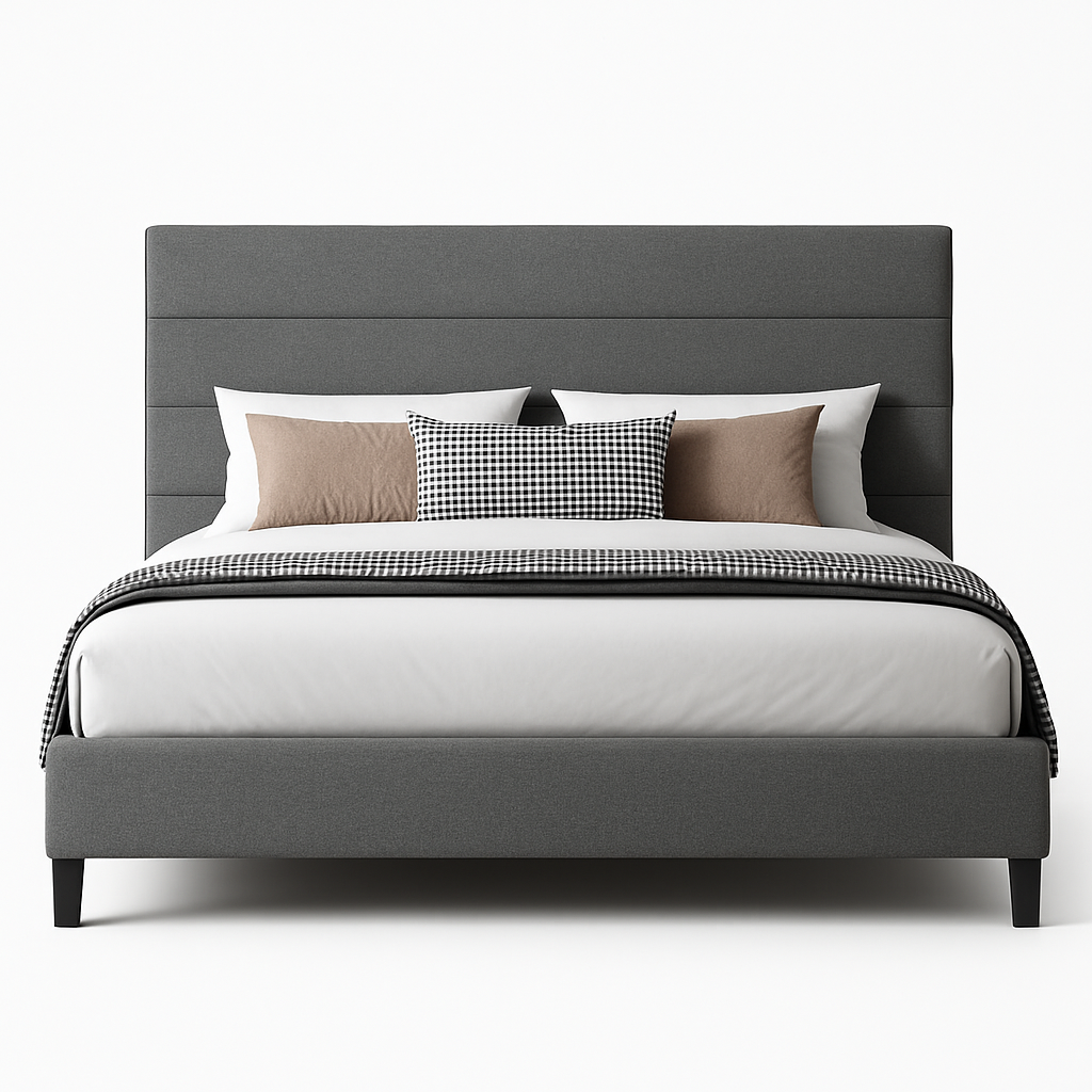 Elowen Bed – Tailored Velvet Platform with Adjustable Headboard & Architectural Frame