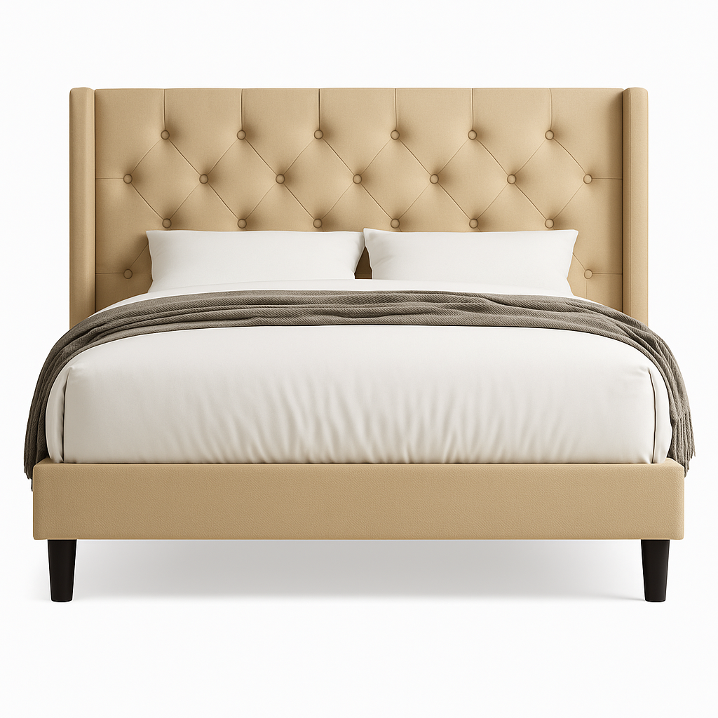 Solenne Bed - Linen Tufted Wingback Frame with Elevated 8" Underbed Space