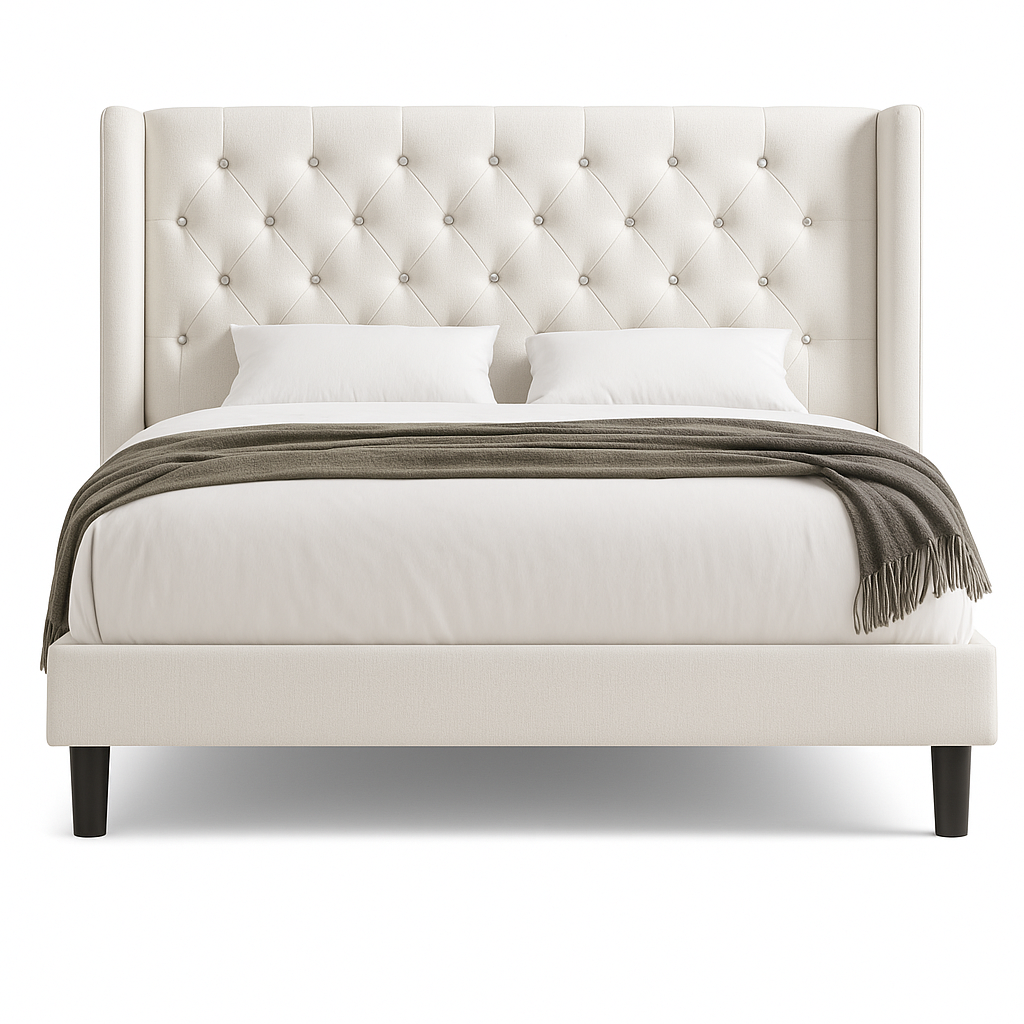 Solenne Bed - Linen Tufted Wingback Frame with Elevated 8" Underbed Space