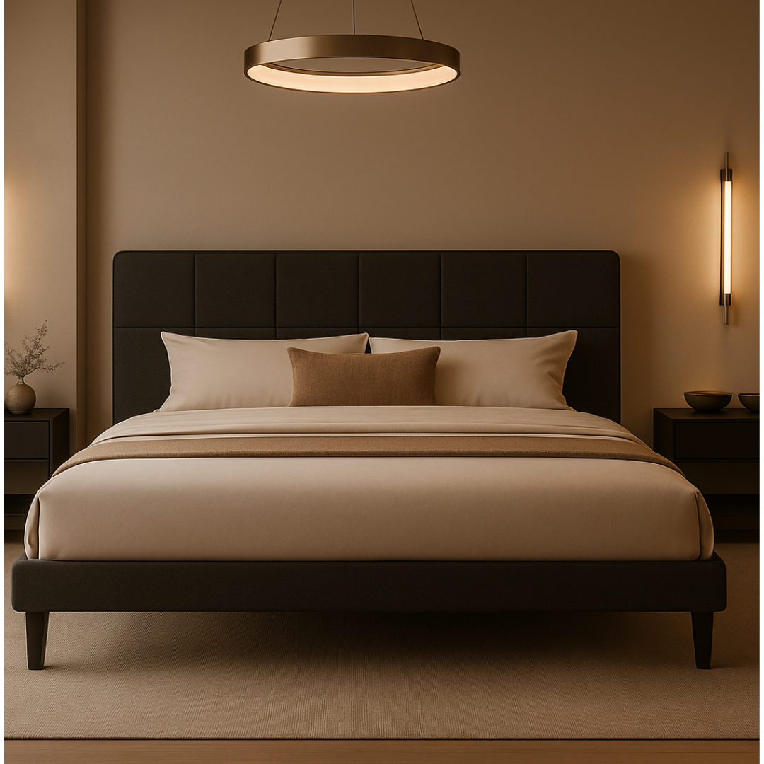 Solis Bed – Contemporary Charcoal Upholstered Bed & Black Oak-Inspired Frame